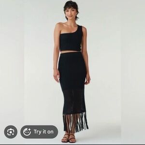 VETTA Crochet One Shoulder Black Knit Midi Skirt Set